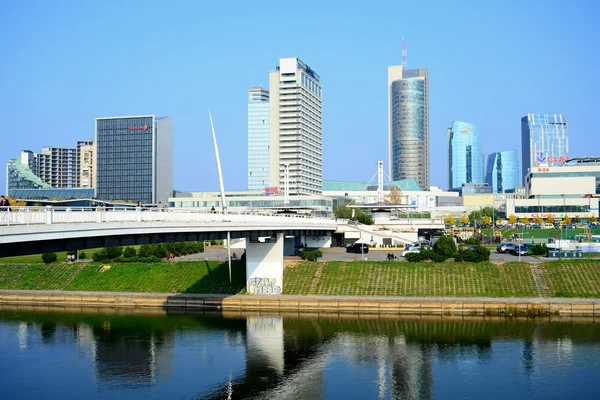 Vilnius city skyscrapers and walking bridge view