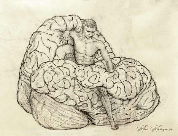 Surreal pencil drawing of man scrambled out from a huge brain, symbolizing freedom from unnecessary thoughts