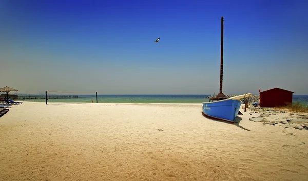 Lonely boat laying on sea sand, volleyball  net and bird flying in  bkue sky, Dubai