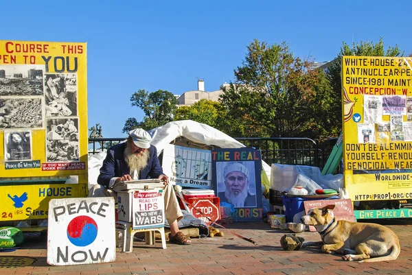 Washington DC, USA - October 20, 2007: striker with dog in front of White House with banners calling for peace. The White House Peace Vigil is an anti-nuclear weapons vigil outside the White House.