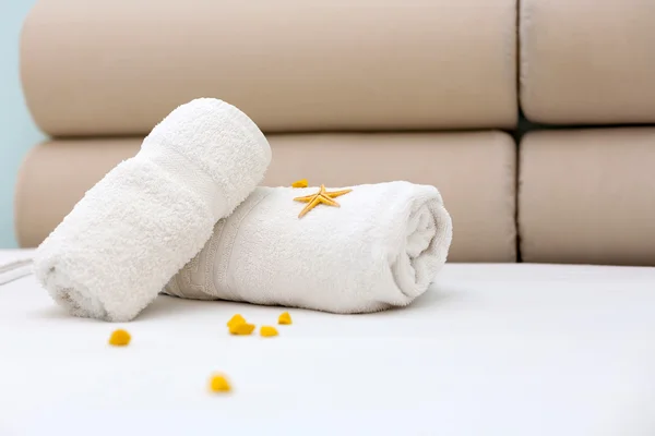 Closeup of towels in a bedroom