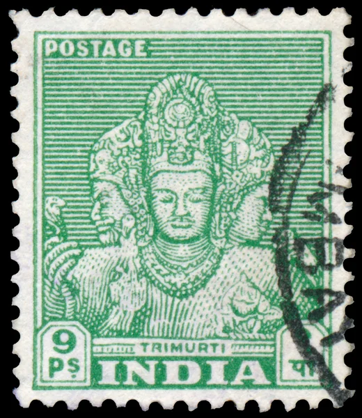 Stamp printed by India, shows faces of Trimurti
