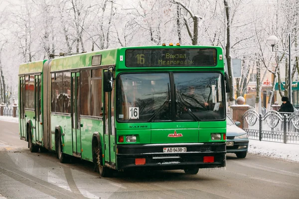 Bus rides route along the avenue of Victory in Gomel, Belarus