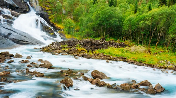 Waterfall In The Valley Of Waterfalls In Norway. Panorama