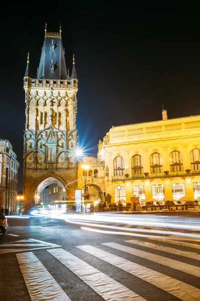 Night Traffic near Powder Tower or Powder Gate in Prague, Czech Republic