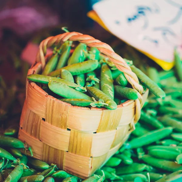 Fresh Vegetable Organic Green Beans In Wicker Basket.