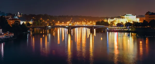 Panoramic Night View Of Vltava River And Manes Bridge