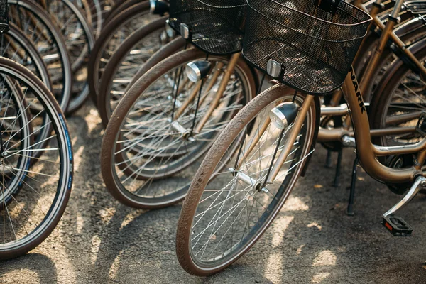 Row of city parked bicycles bikes for rent on sidewalk in Europe