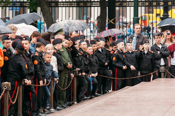 Suvorov Military School cadets expected changing of the honor guard at the  Eternal Flame in Moscow at the Tomb of the Unknown Soldier close by Kremlin walls