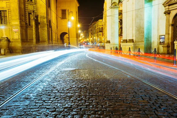 Night View of traffic lights in street in Prague, Czech republic