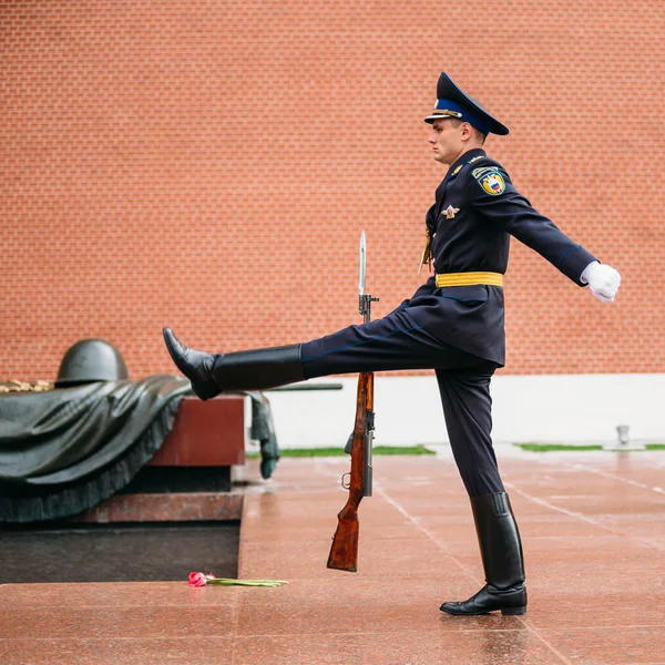 Post honor guard at the Eternal Flame in Moscow at the Tomb of the Unknown Soldier in the Alexander Garden in Moscow close by Kremlin walls