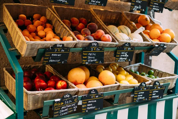 Peaches and other fruits on local grocery market in France