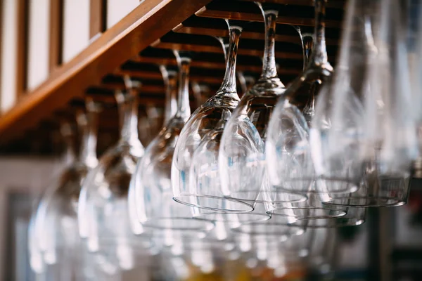 Empty glasses for wine above a bar rack. Hanging wine glasses in
