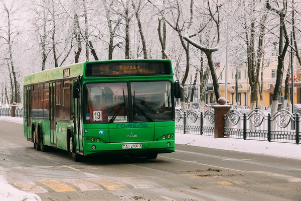 Bus rides route along the avenue of Victory in Gomel, Belarus