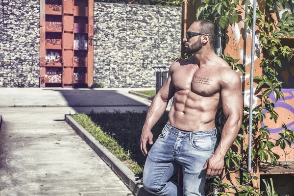Muscular Shirtless Hunk Man Outdoor in City