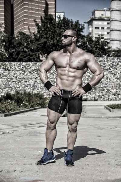 Muscular Shirtless Hunk Man Outdoor in City