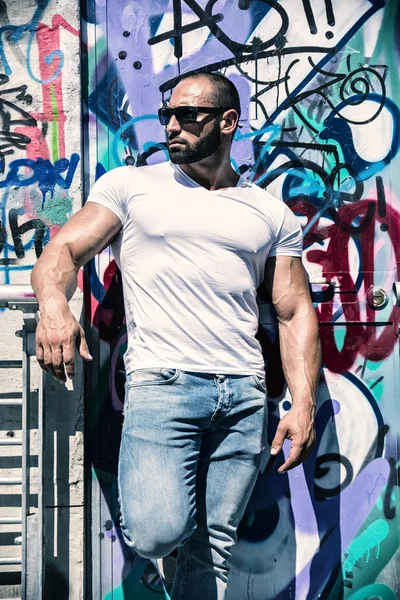 Handsome Muscular Hunk Man Outdoor in City Setting
