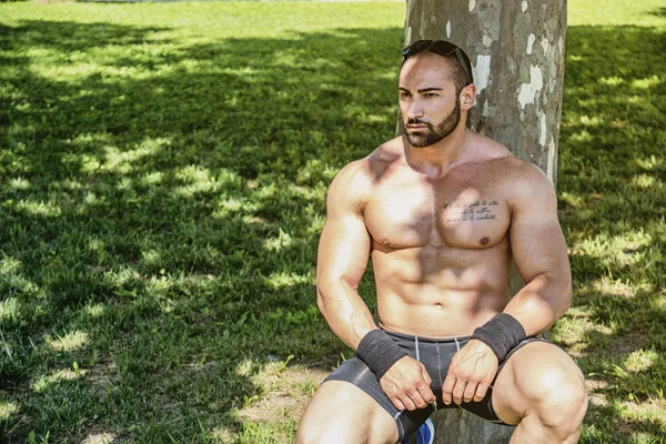 Handsome Muscular Shirtless Hunk Man Outdoor in City Park