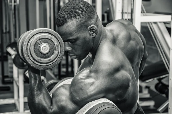 Hunky muscular black bodybuilder working out in gym