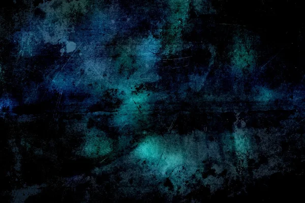 Dark gloomy grunge wall texture. Many cracks and scratches on the old surface. In some places spots of green and blue. Mystical and mysterious mood.