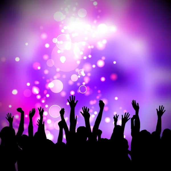 Black silhouette of people in a club or at a concert. Purple sparkles blur background. Celebratory dancing at the party. People are pulling your hands up.