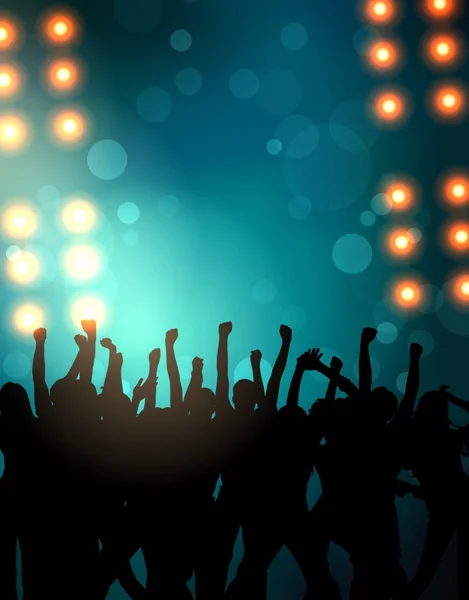 Crowd of people dancing or partying in a club or at a concert. Blue-and-green festive blur background. Lights and bokeh.
