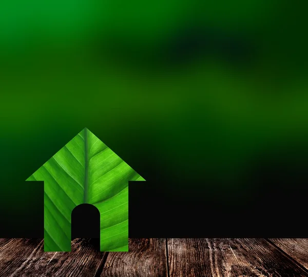 Small house made of green leaf. House stands on a dark rustic wood texture of the table. Behind a dark deep green blur background of a forest or garden.