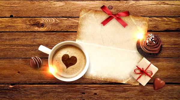 A Cup of coffee, paper and gift on wooden background
