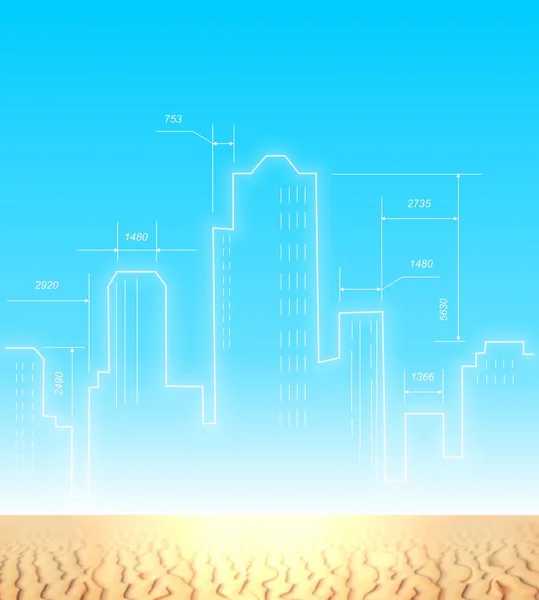Architectural plan of the future city in the desert. Silhouettes of modern skyscrapers high above the Golden sand against the cloudless blue sky. Drawing a new city with white lines.