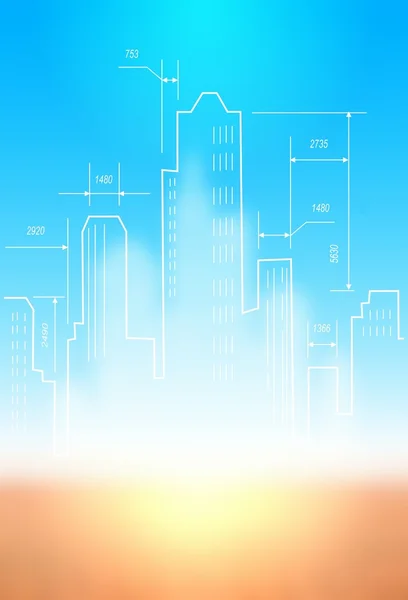 Construction of a new modern city in desert. A creative idea is expressed in drawing of high-rise buildings to be built in the desert. White architectural lines against blue of the sky and the sand.