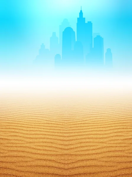 Silhouette of a large modern city on the horizon in the desert. Golden sand and the clear blue sky. construction in the desert. Contemporary architecture and modern technology.