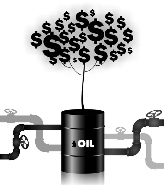 Money tree with dollar signs growing out of the barrel of oil.