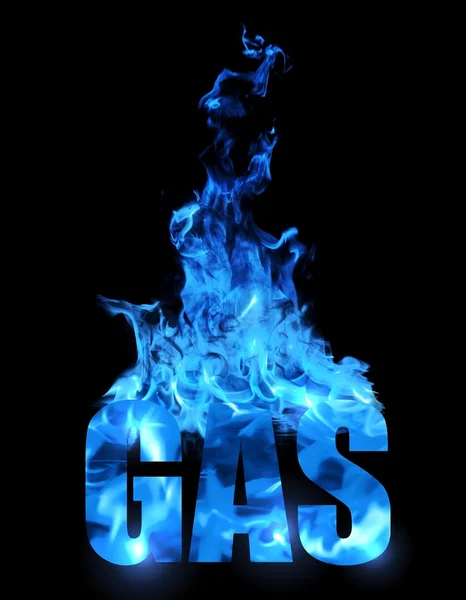Blue flame of gas burning on the word \