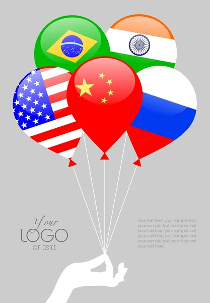 Hand holding balloons as the national flags of Russia, China, USA, India, Brazil.