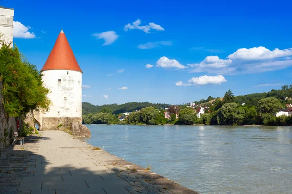 View of Passau with old tower and the river Inn, Bavaria, German