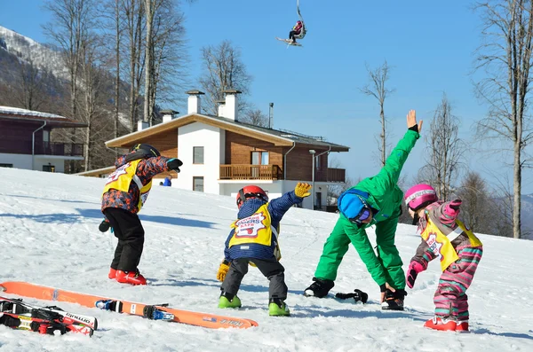 Sochi, Russia, February, 27, 2016, Ski resort Rosa Khutor. Teaching children skiing, warm-up