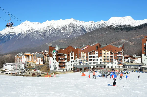 Sochi, Russia, February, 29, 2016,   People skiing and snowboarding on ski resort Rosa Khutor