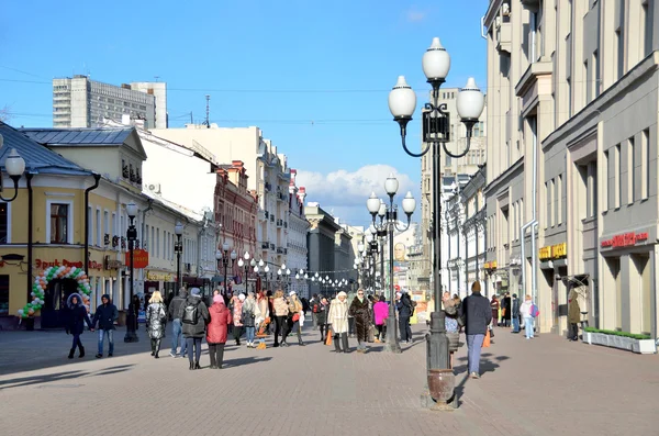 Moscow, Russia, March, 20, 2016, Russian scene: people walking on Arbat street in spring