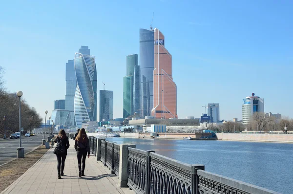 Moscow, Russia, March, 28, 2016. Russian scene: people walking on embankment of Taras Shevchenko near International Business Centre \