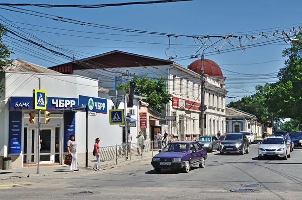 Simferopol, Crimea, July, 15, 2016. Black sea Bank of reconstruction and development on crossing of streets of Tolstoy and Carl Marx in Simferopol, Republic of Crimea