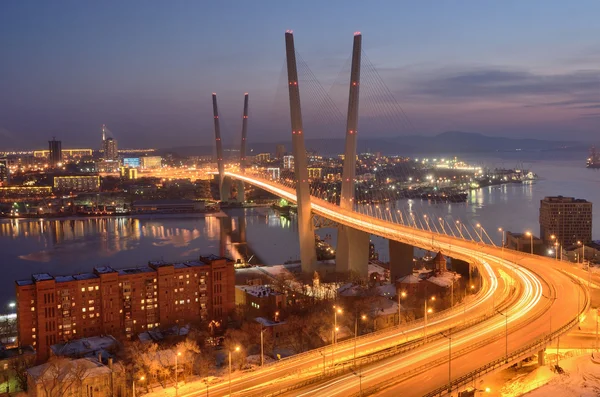Night view for the bridge across the Golden horn bay in Vladivostok
