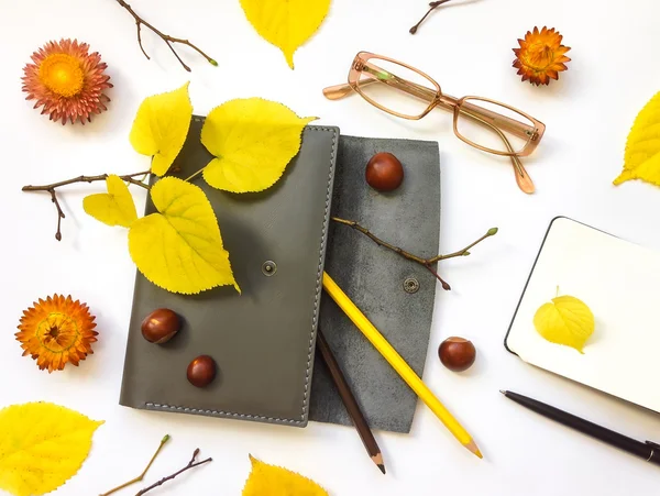 Closeup of leather pen case, notebook and glasses on white background. Autumn decoration. Top view, flat lay