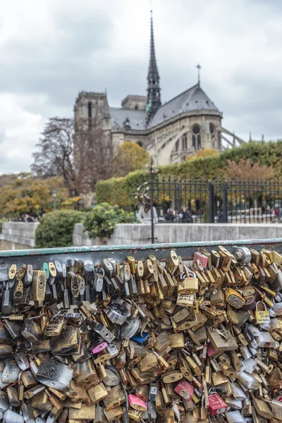 Locks on the Pont de l\'Archeveche bridge next to the Notre Dame de Paris cathedral in Paris, France