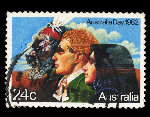 Australia stamp shows image of a Australian Aborigines and English messioner