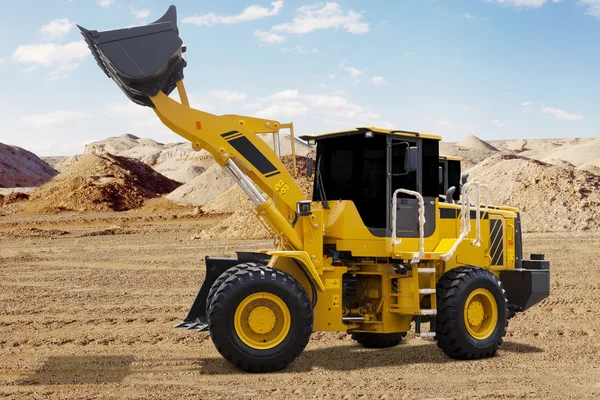 Wheel loader lifts the scoop at mining site