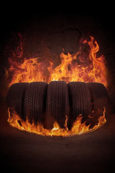 Black tires on the hot flame