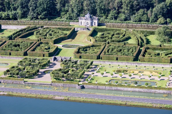 Aerial view gardens chateau Freyr along river meuse near Dinant in Belgium