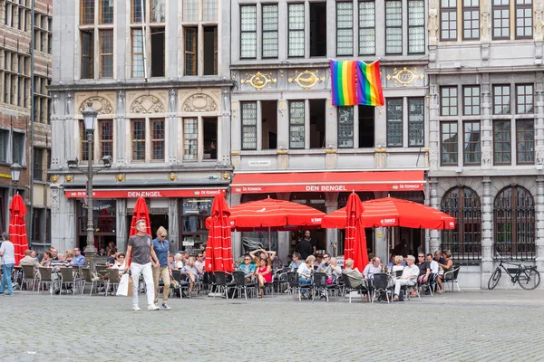 Relaxing people at terraces downtown in the city Antwerp, Belgium