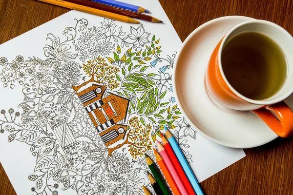 Anti-stress coloring book in the drawing process