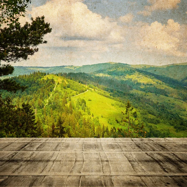 Fairy Tale Forest in Retro Style. Paper Vintage Textured. Mountain Landscape, Wooden Floor with nature background